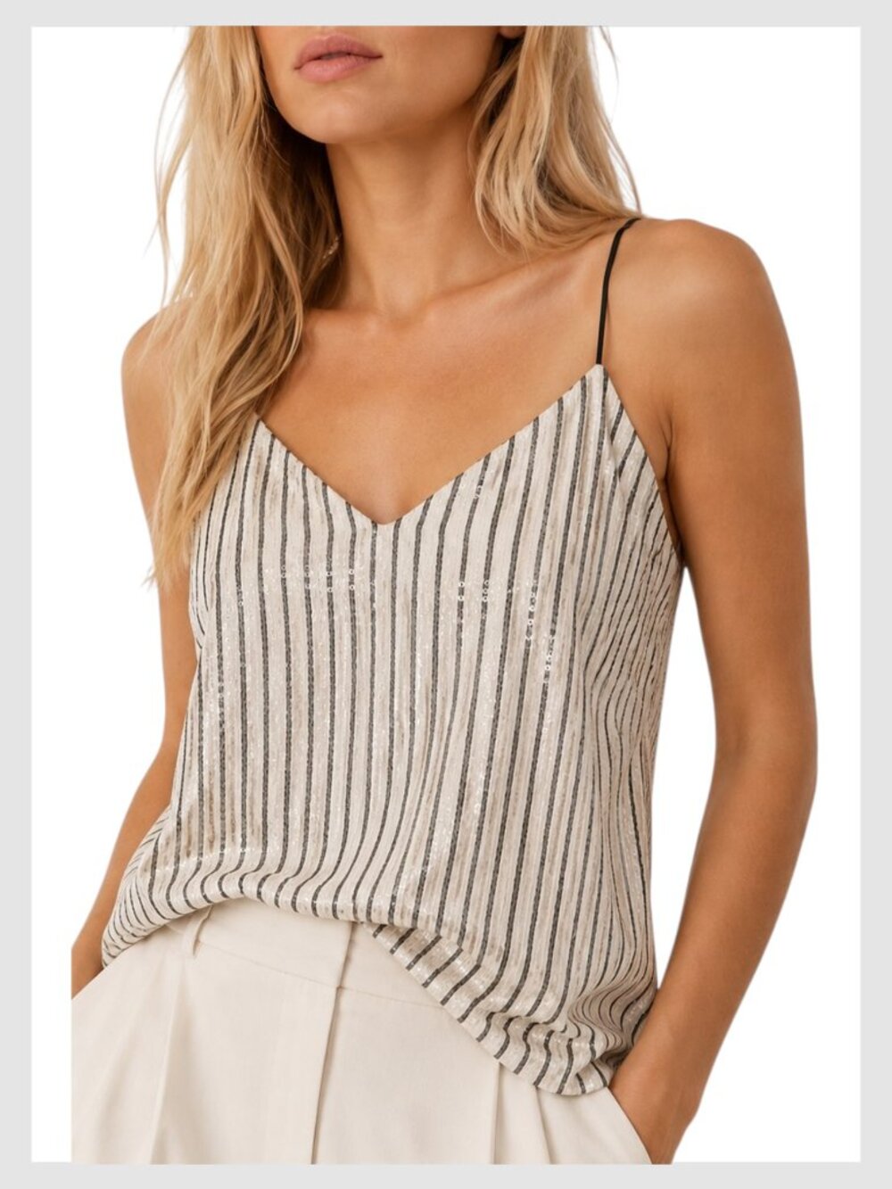Banana Republic Sequin Cami Ivory Striped V-Neck XS